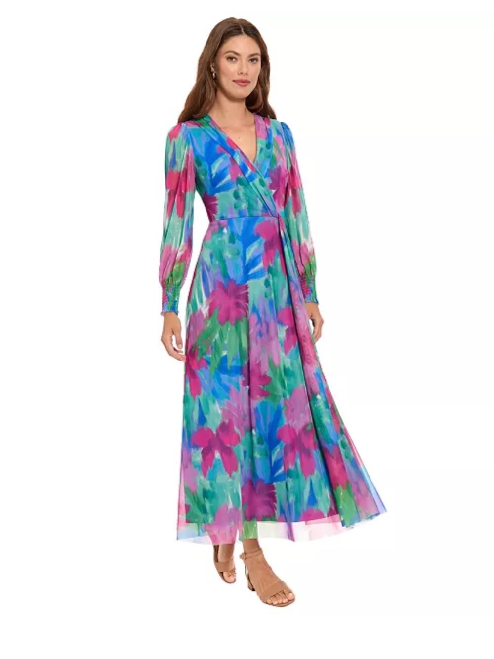 London times Women’s shirred surplice bishop-sleeve maxi dress